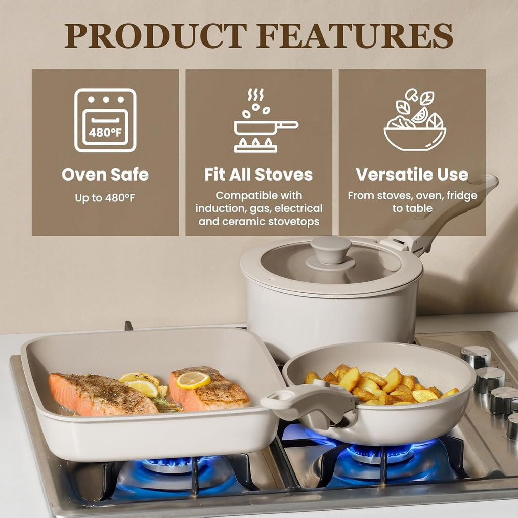 KIKCOIN Nonstick Pots and Pans Set - 22 Pack Cookware Set with Detachable/Removable Handle - Kitchen Cooking Set with Frying Pans, Grill Pan - Stackable, Dishwasher/Oven Safe, Induction Ready
