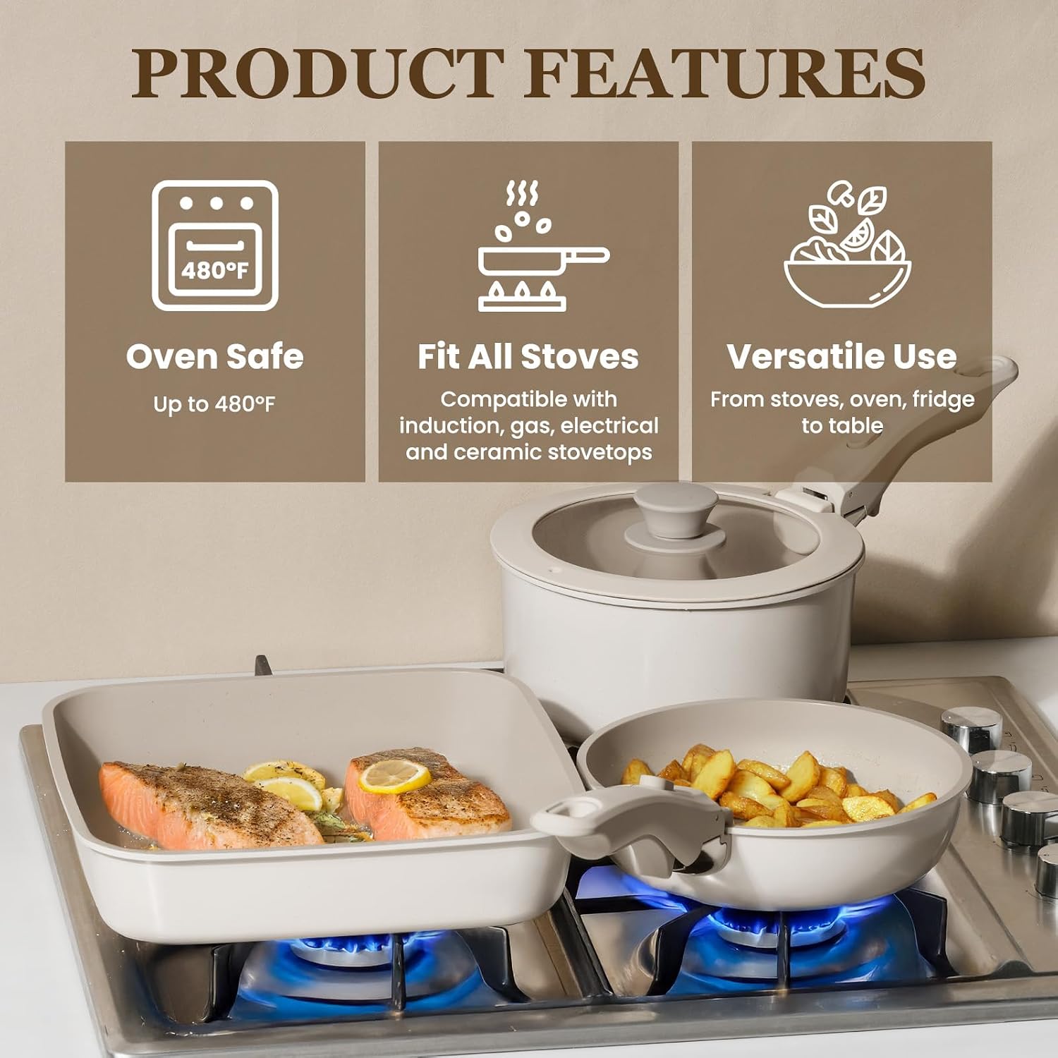 KIKCOIN Nonstick Pots and Pans Set - 22 Pack Cookware Set with Detachable/Removable Handle - Kitchen Cooking Set with Frying Pans, Grill Pan - Stackable, Dishwasher/Oven Safe, Induction Ready
