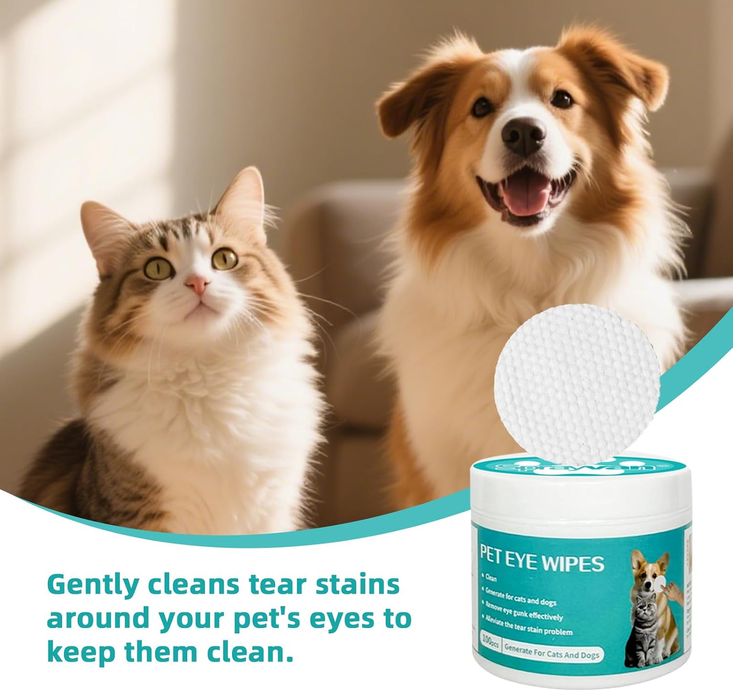 Dog Eye Wipes, Gentle, Tear Stain Remover, 100 Ct