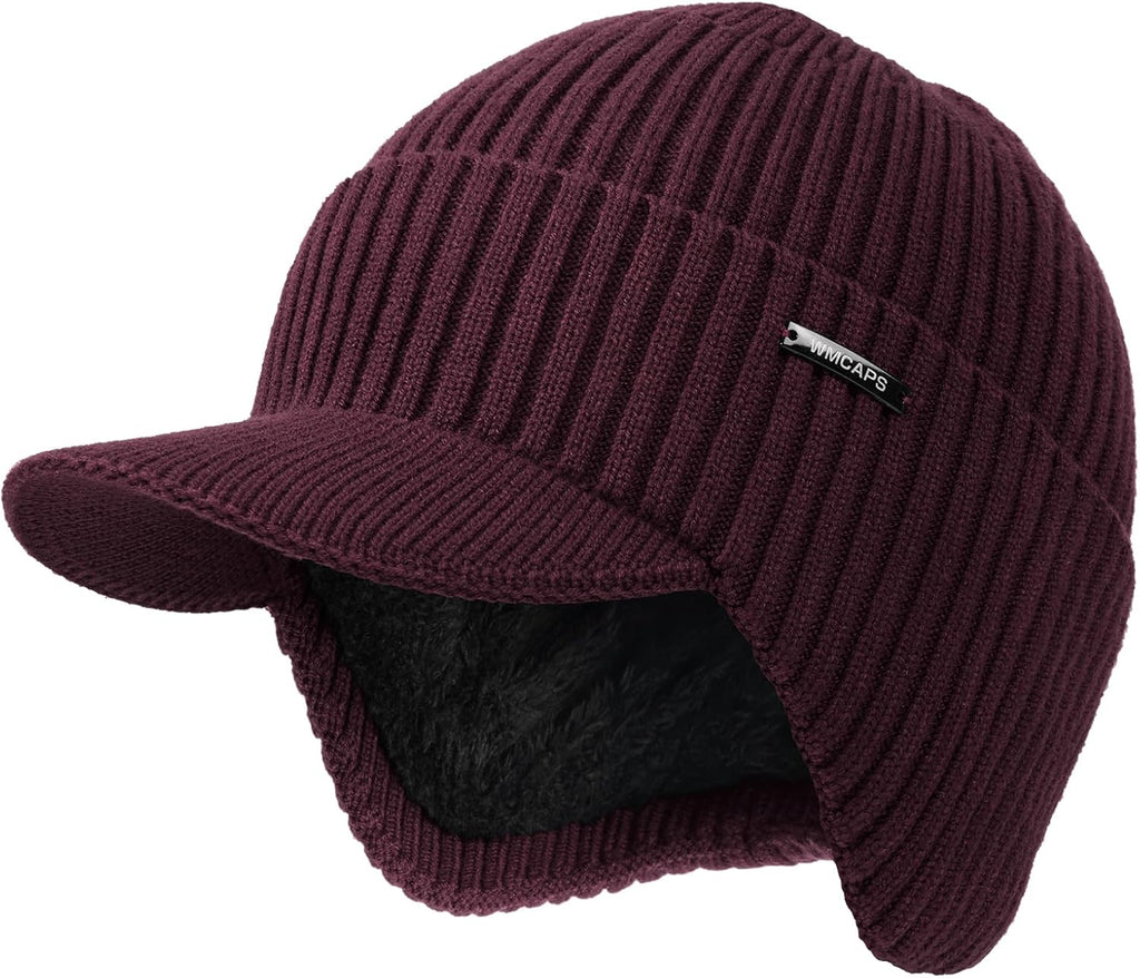 Wmcaps Winter Beanie with Brim & Ear Flaps, Fleece Lined Hat for Men Women