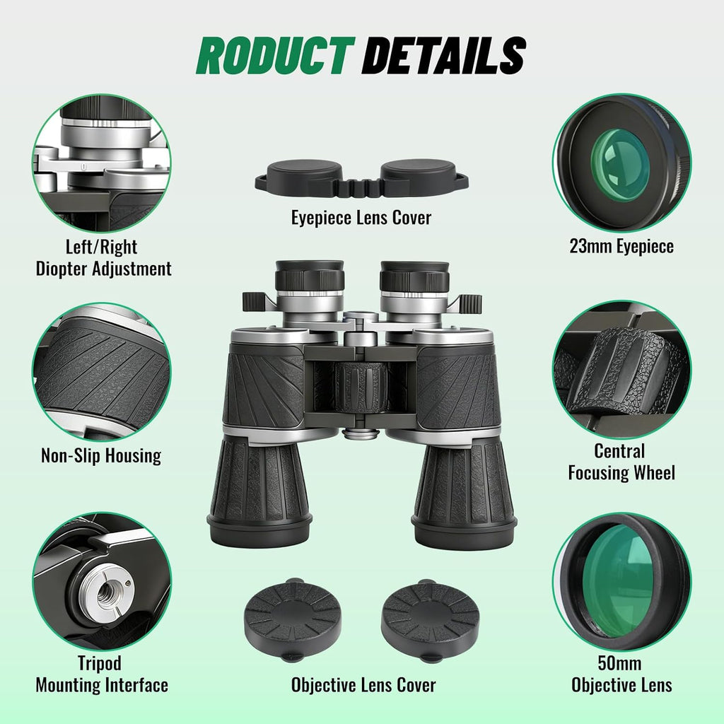 10x50 Binoculars with Independent Eyepiece Adjustment for Outdoor