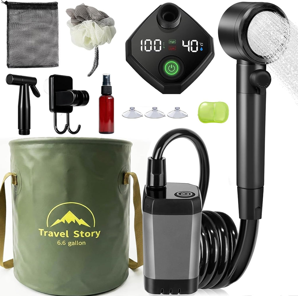 Portable Shower for Camping – 6000mAh Rechargeable Shower Pump with LED Display, 3 Modes & Spray Nozzle – IPX7 Outdoor Shower Kit for Travel, Beach, Car, Dog Bath
