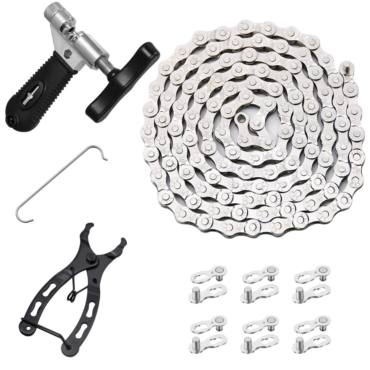 Bike Chain Kit, 6/7/8 Speed Multi-Function Bike Mechanic Repair Kit, Chain Breaker and Bike Link Plier with Hook and 3 Pairs Bicycle Buckle, Reusable