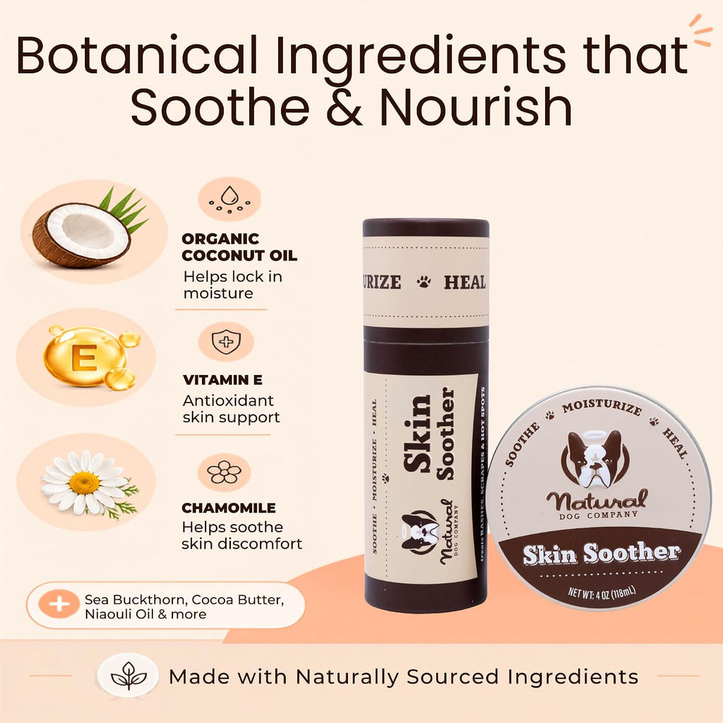 Natural Dog Company Skin Soother Dog Balm, 4 oz Tin, Allergy Season Skin Care for Dry, Itchy & Irritated Skin with Organic Coconut Oil & Vitamin E, for Dogs Prone to Hot Spots & Rough Patches