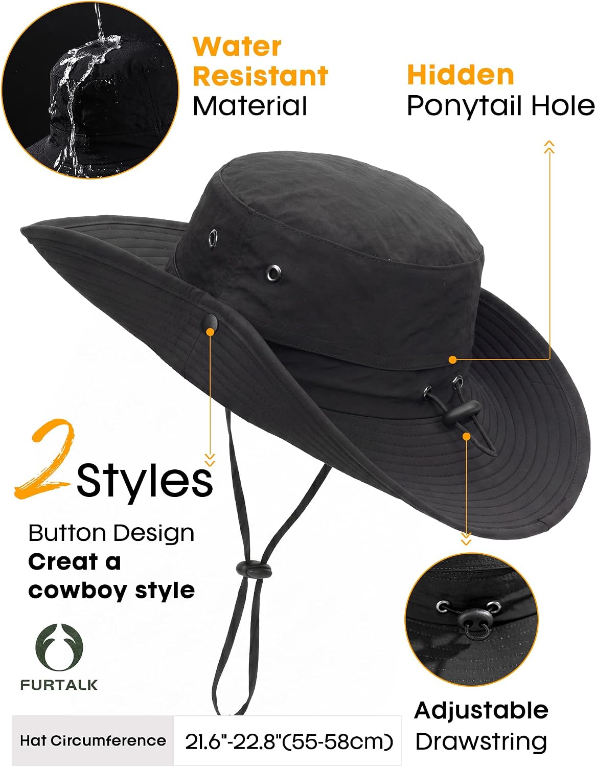 FURTALK Sun Hats for Women Ponytail Wide Brim Summer Packable Cowboy Hat