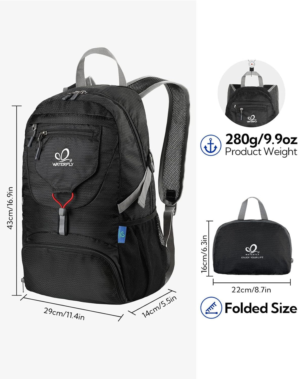 WATERFLY Small Lightweight Packable Backpack: 20l Hiking Daypack Man Woman