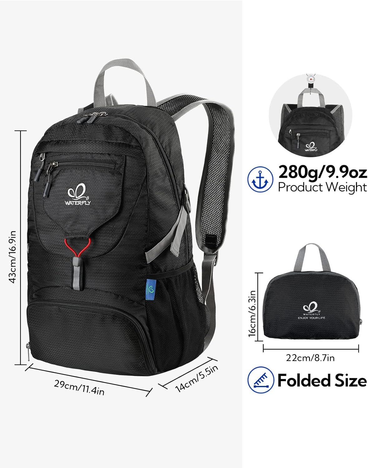 WATERFLY Small Lightweight Packable Backpack: 20l Hiking Daypack Man Woman