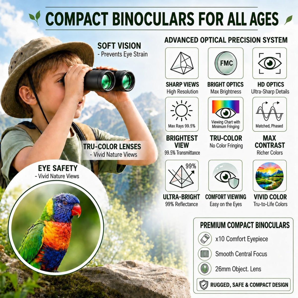 10x26 Compact Binoculars for Adults Travel Cruise Ship Birding Waterproof