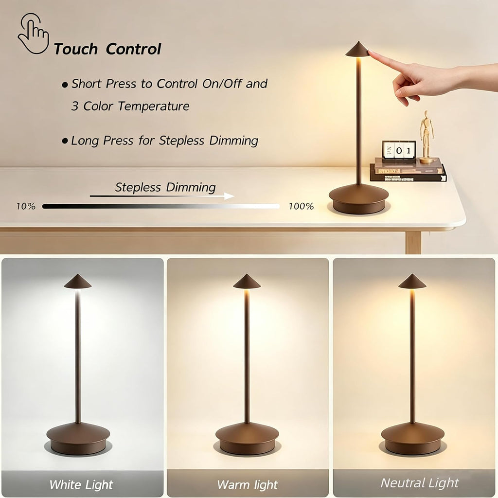 EJQ 2 Pack LED Cordless Table Lamp, Portable 6000mAh Rechargeable Aluminum, Touch Control Outdoor Table Lamp, 3 Color Dimmable Cordless Table Lamps for Restaurant, Patio, Bedroom, Outdoor - Brown