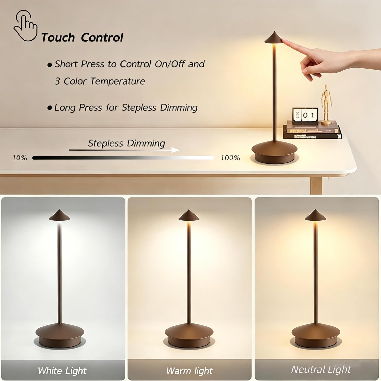 EJQ 2 Pack LED Cordless Table Lamp, Portable 6000mAh Rechargeable Aluminum, Touch Control Outdoor Table Lamp, 3 Color Dimmable Cordless Table Lamps for Restaurant, Patio, Bedroom, Outdoor - Brown