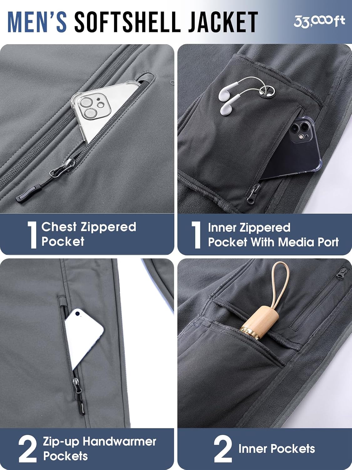 33,000ft Men's Hooded Softshell Jacket Waterproof Fleece Windbreaker Jacket