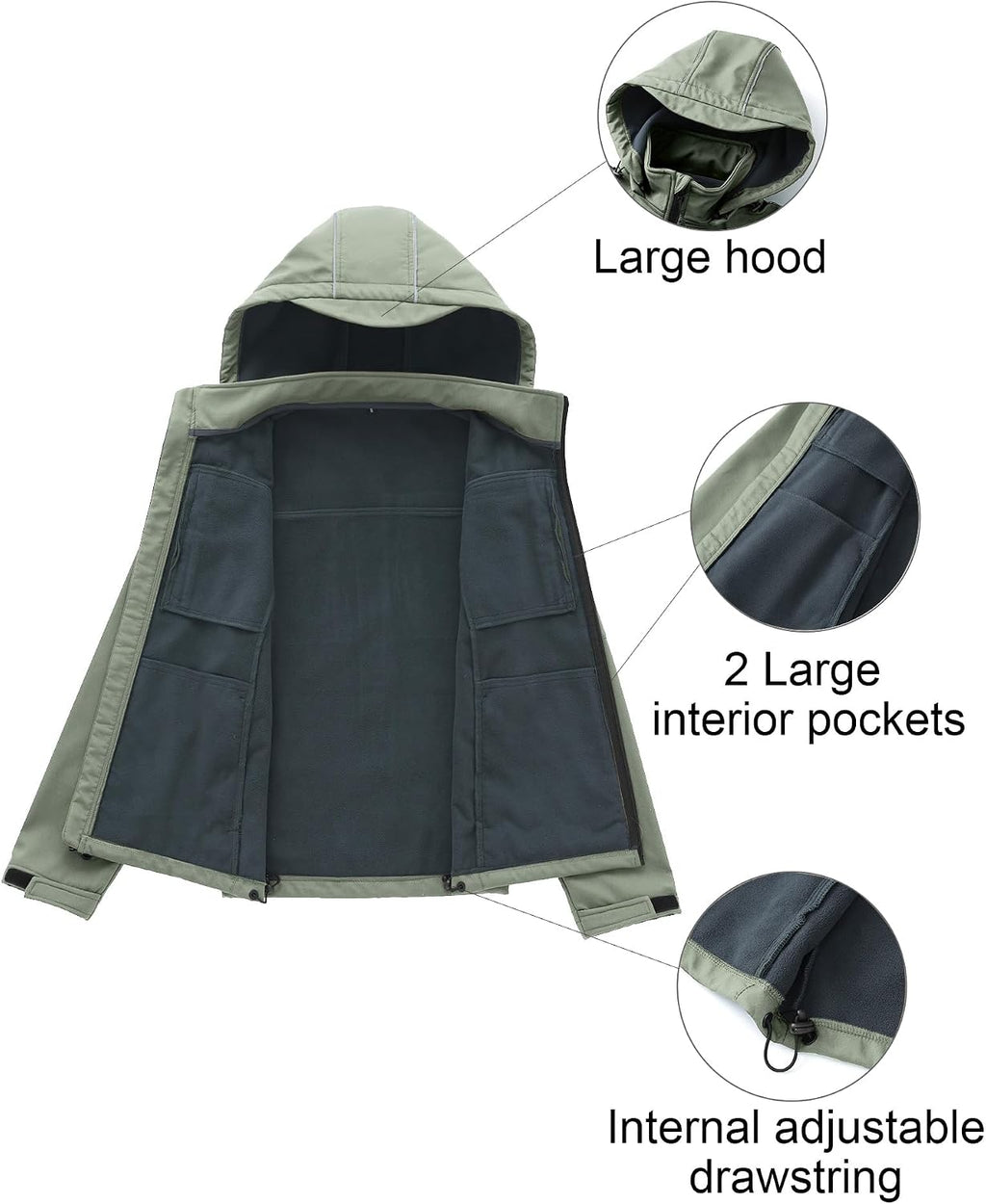 CREATMO US Men's Softshell Military Jacket With Removable Hood, Fleece Lined and Water Repellent Outdoor Reflective Coat