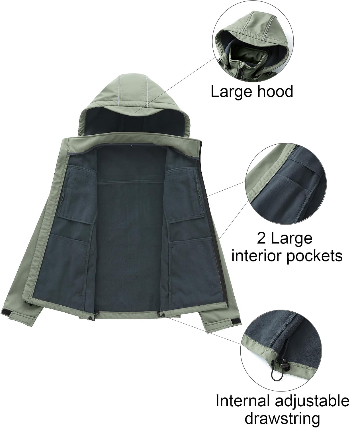 CREATMO US Men's Softshell Military Jacket With Removable Hood, Fleece Lined and Water Repellent Outdoor Reflective Coat