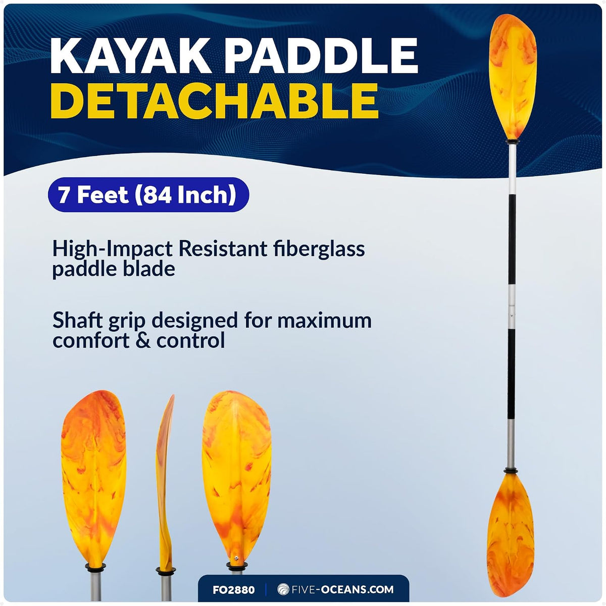 Five Oceans Kayak Paddles, 84" - 7ft Kayak Fishing Paddle, Detachable Heavy-Duty Aluminum Shaft, Reinforced Fiberglass Blades, 2-Piece Snap-Button, Lightweight Paddle Design for All Kayaks - FO2880