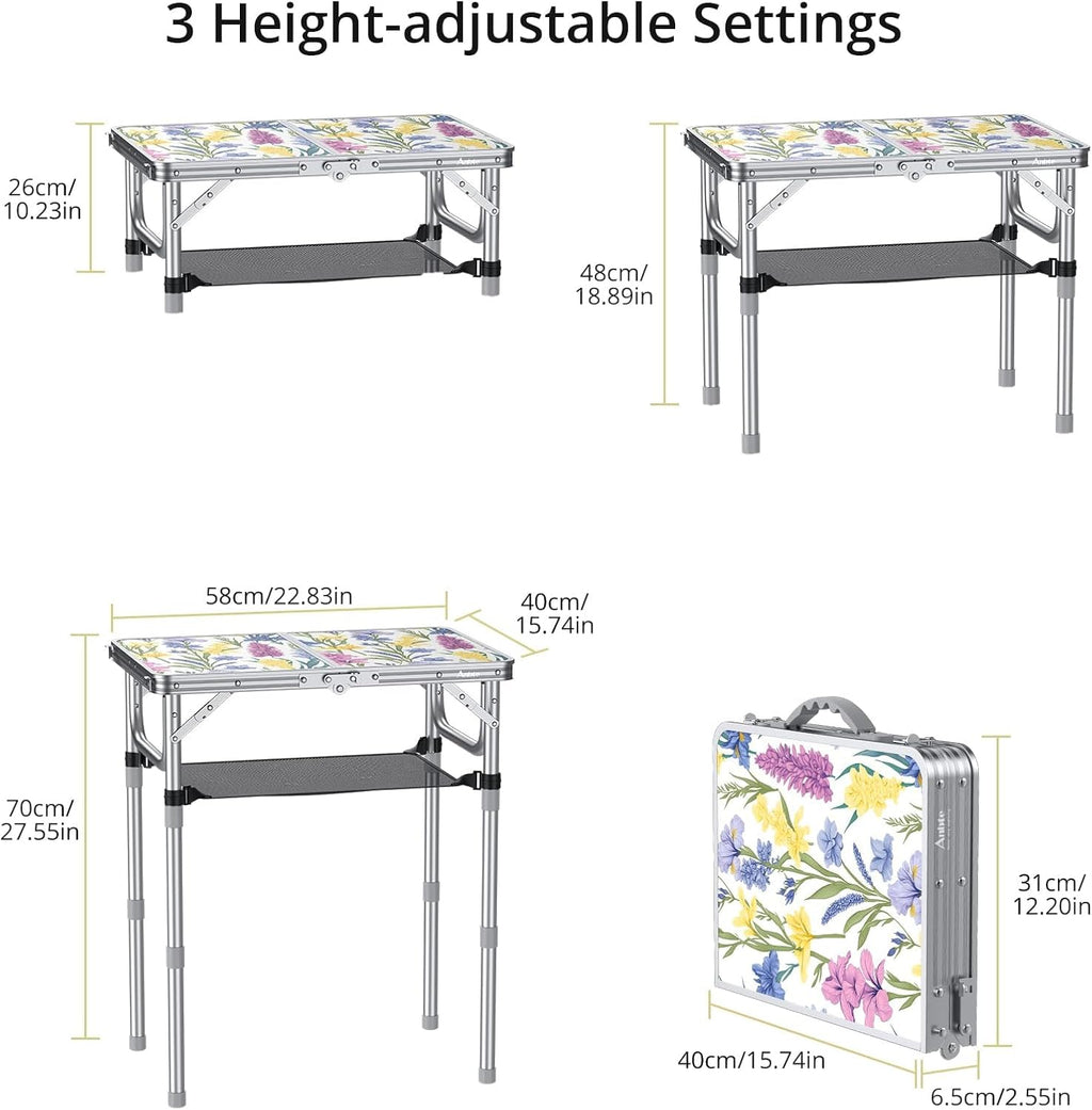 Anbte 2ft Small Folding Table, 3 Adjustable Height for Camping, 24" x 16"