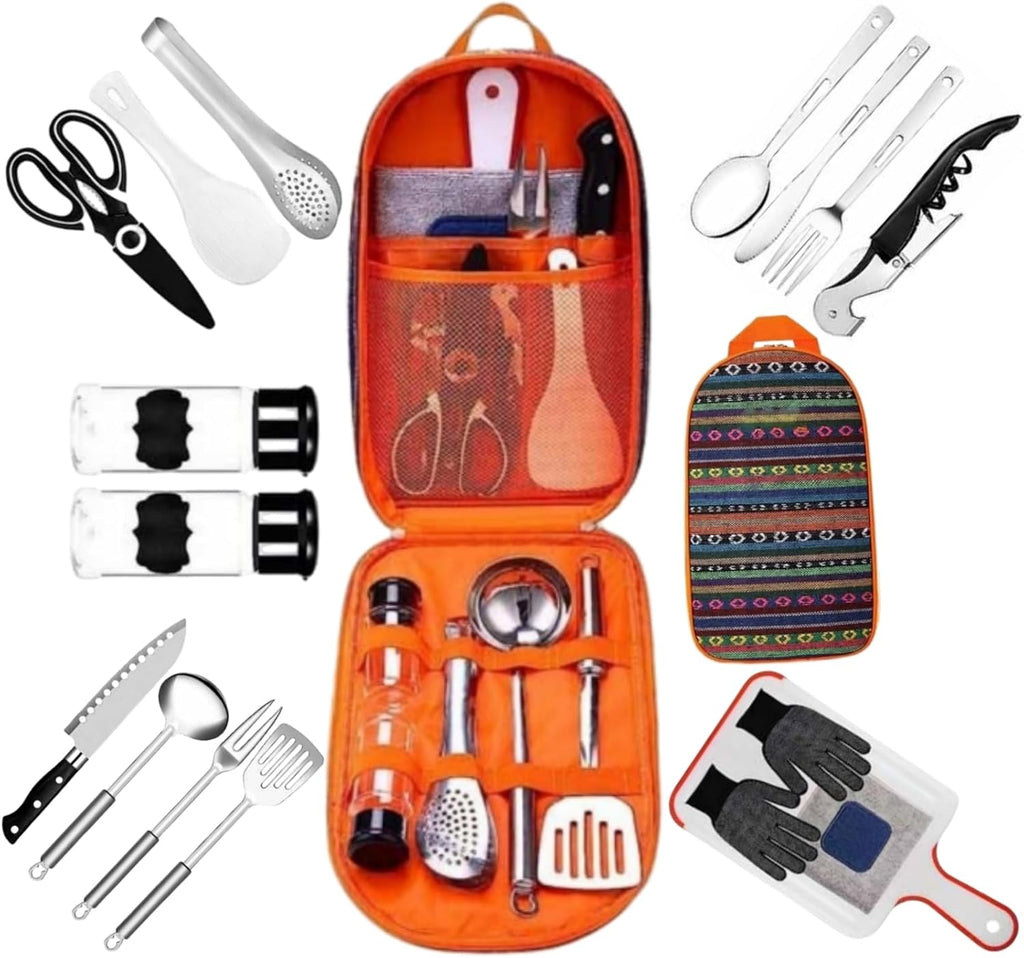 27-Piece Backpack Camping cookware Set, Portable Camping kitchenware Set for Barbecue, Outdoor Cooking, Picnic and Adventure Camping cookware Storage