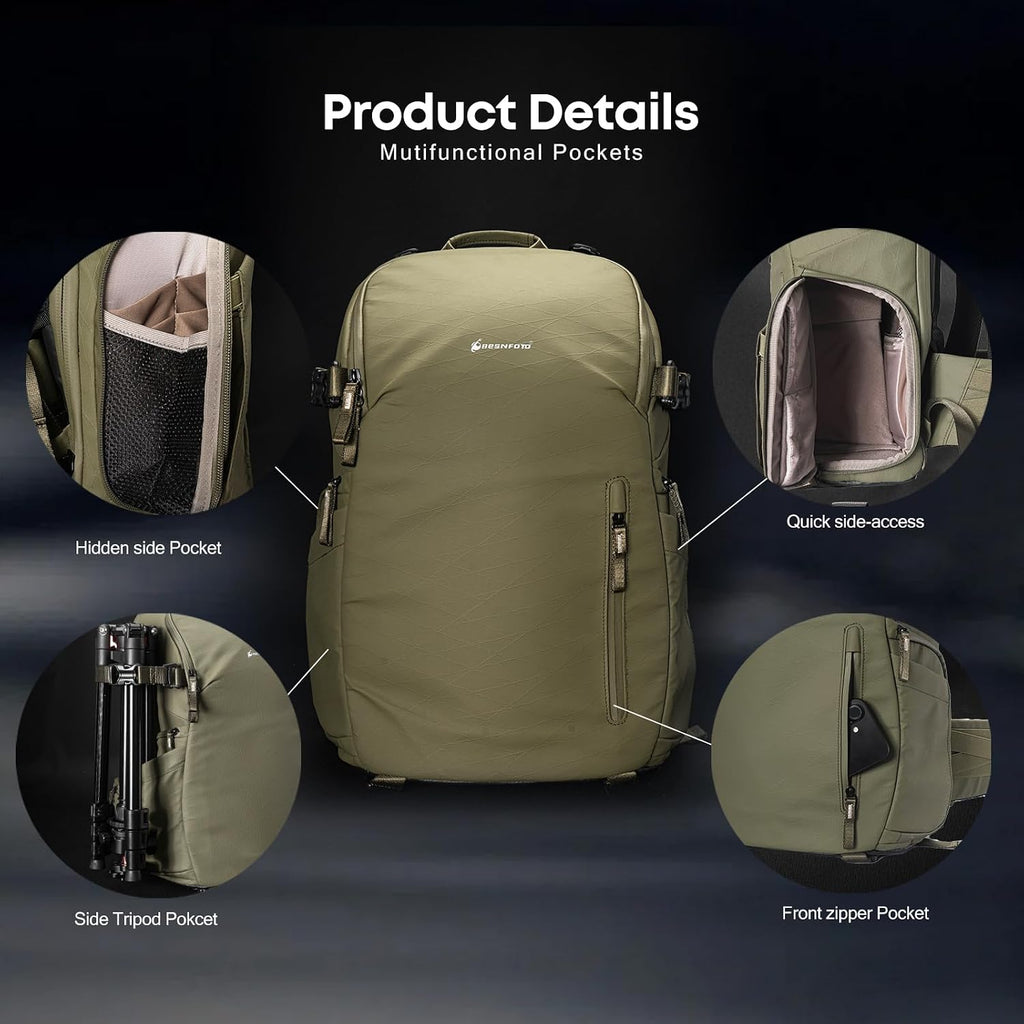 Besnfoto Camera Backpack Waterproof Bag Professional Travel Photography Bag Large for DSLR SLR Mirrorless Camera with Tripod Holder and Laptop Compartment Compatible with Canon/Nikon/Sony