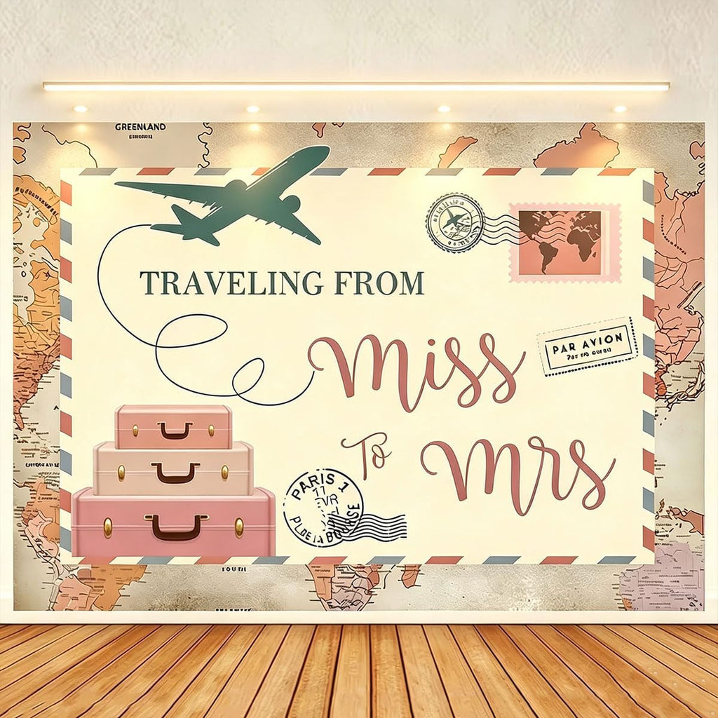 Traveling from Miss to Mrs Photography Background Postcard Suitcases Travel Adventure Begin Backdrop Bridal Shower Wedding Supplies Baby Shower Party Decorations (7X5FT)