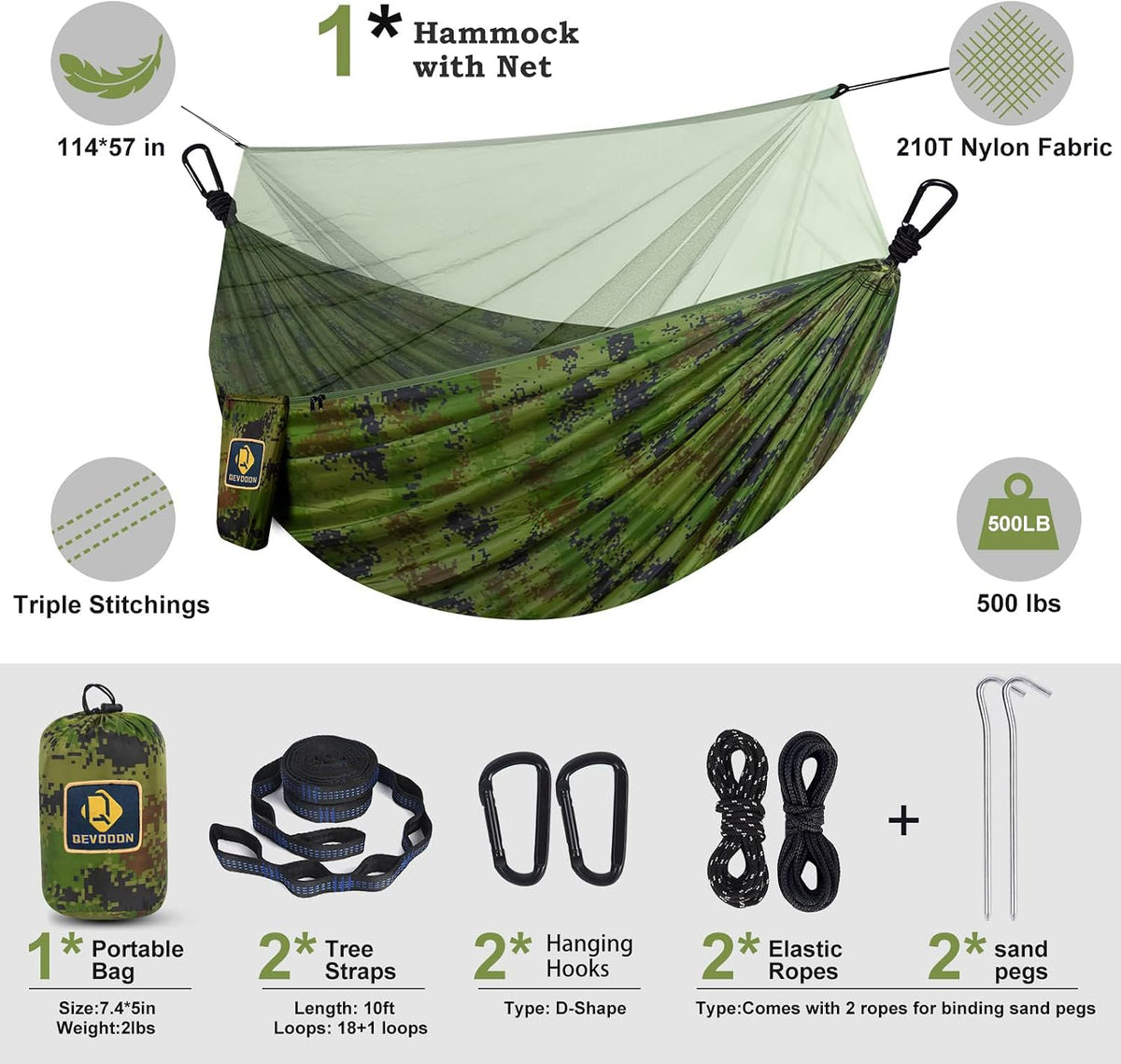 Camping Hammock with Net,Portable Lightweight Double Hammocks with Tree Straps and Solid D-Shape Hanging Hooks,Parachute Nylon Hammock for Backpacking Beach Backyard Patio Hiking