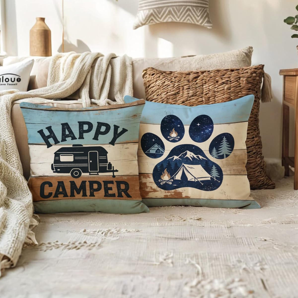 ULOVE LOVE YOURSELF Camping Throw Pillow Covers 4Pack Adventure Awaits Decorative Pillowcases Happy Campers Cushion Covers 18 X 18 Inch for Camper, Cabin Home Decor(Blue/Brown)
