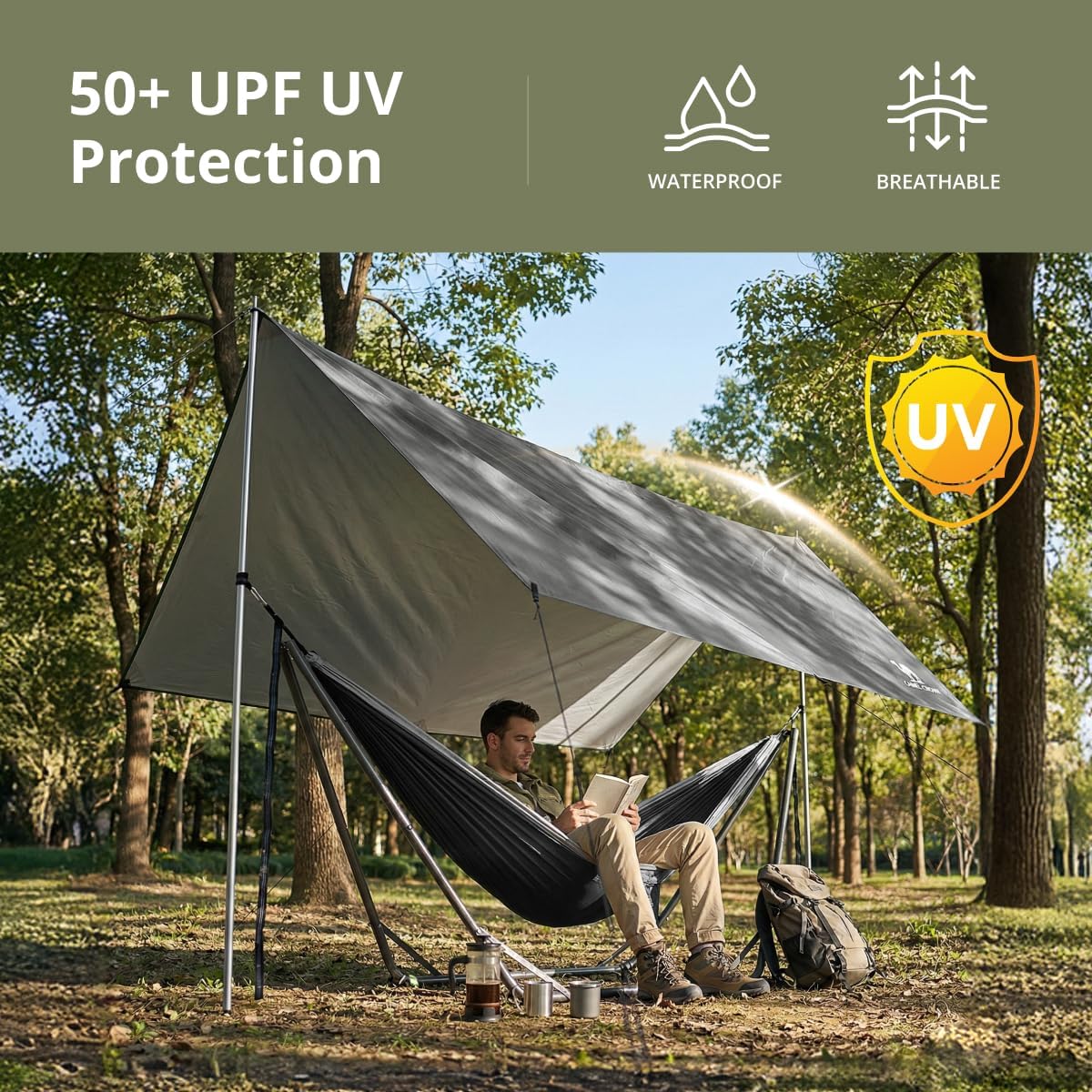 CAMEL CROWN Camping Tarp,3000mm Waterproof & UPF 50+ Sun Protection Rain Fly Tarp - Lightweight Portable Camping Shelter with Stakes, Guy Lines & Carry Bag, for Hiking Backpacking Beach Picnic Shade
