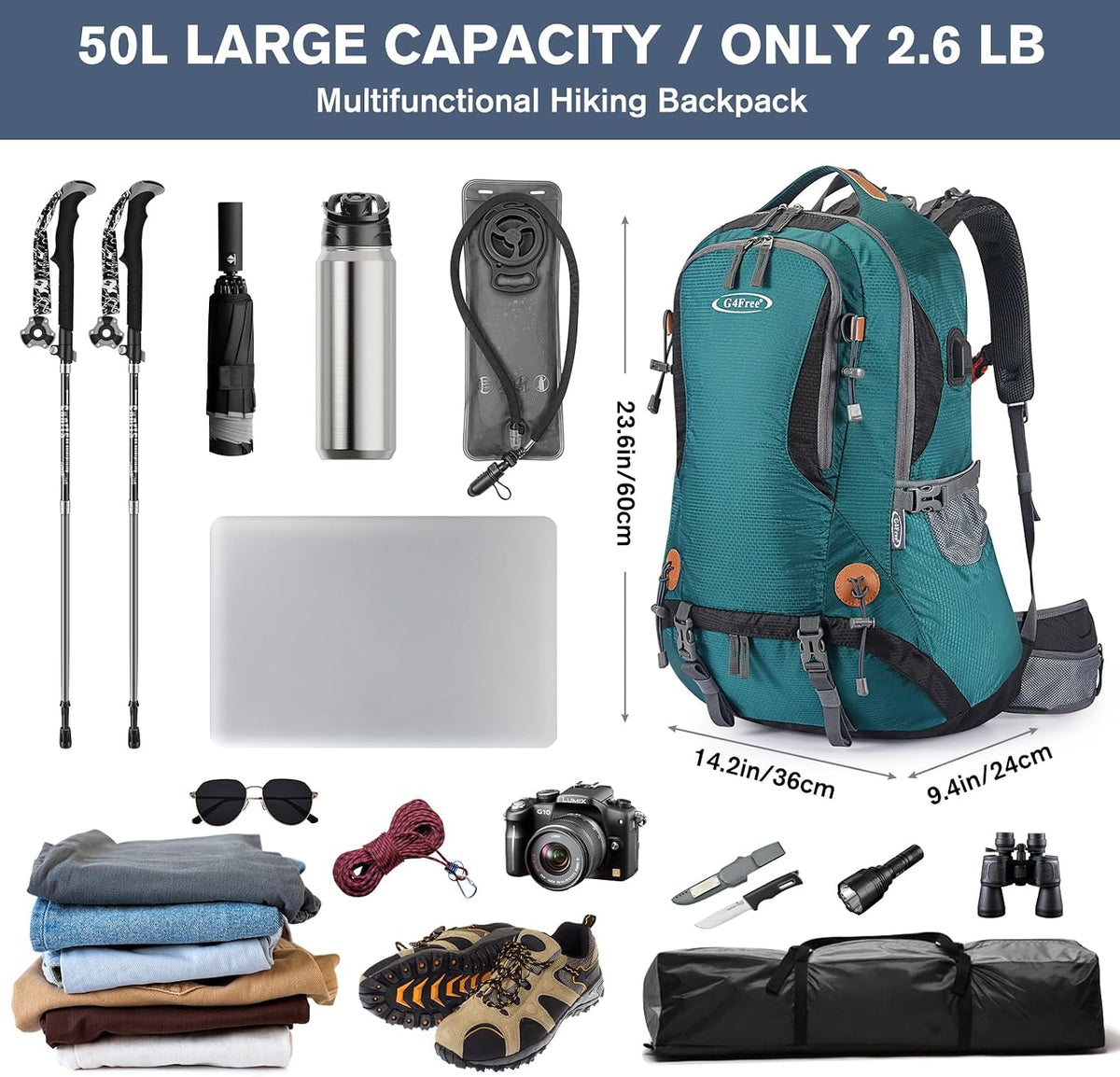 G4Free 50L Hiking Backpack Waterproof Daypack Outdoor Camping Climbing Backpack with Rain Cover for Men Women