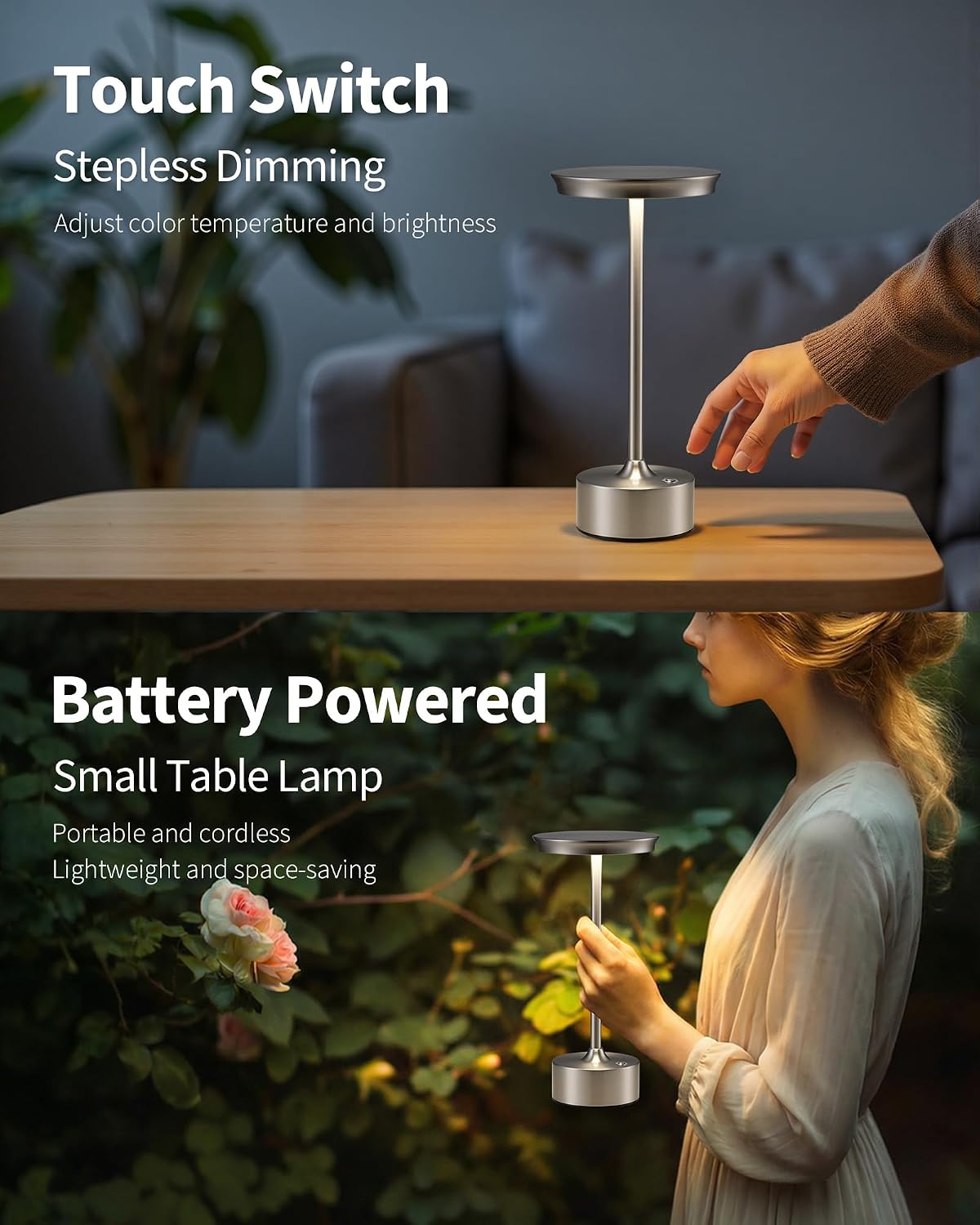 PUSU Rechargeable Table Lamps Set of 2, Nickel Cordless Portable Desk Lamp