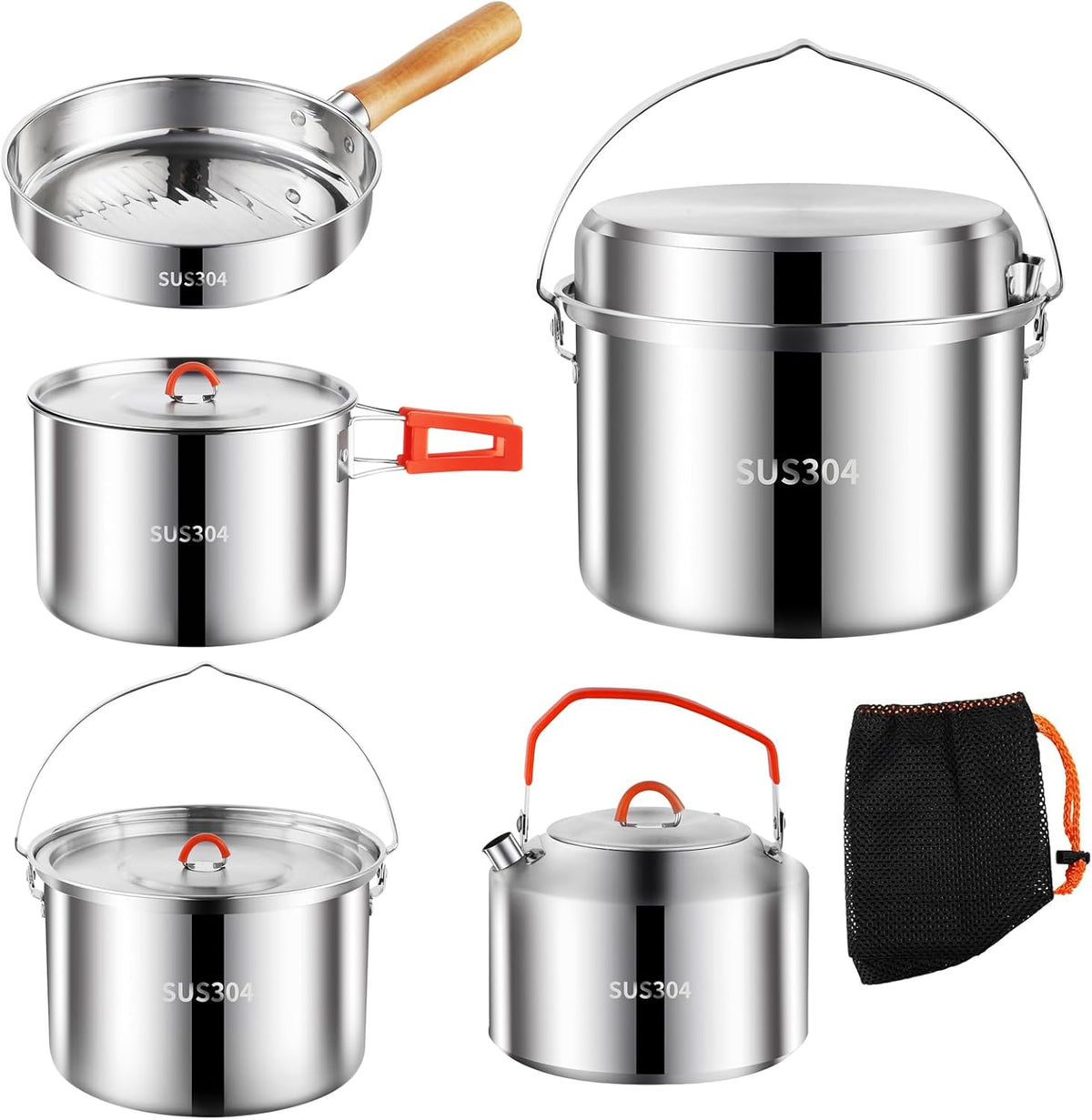 Camping Cookware Set 304 Stainless Steel Camping Pots and Pans Set