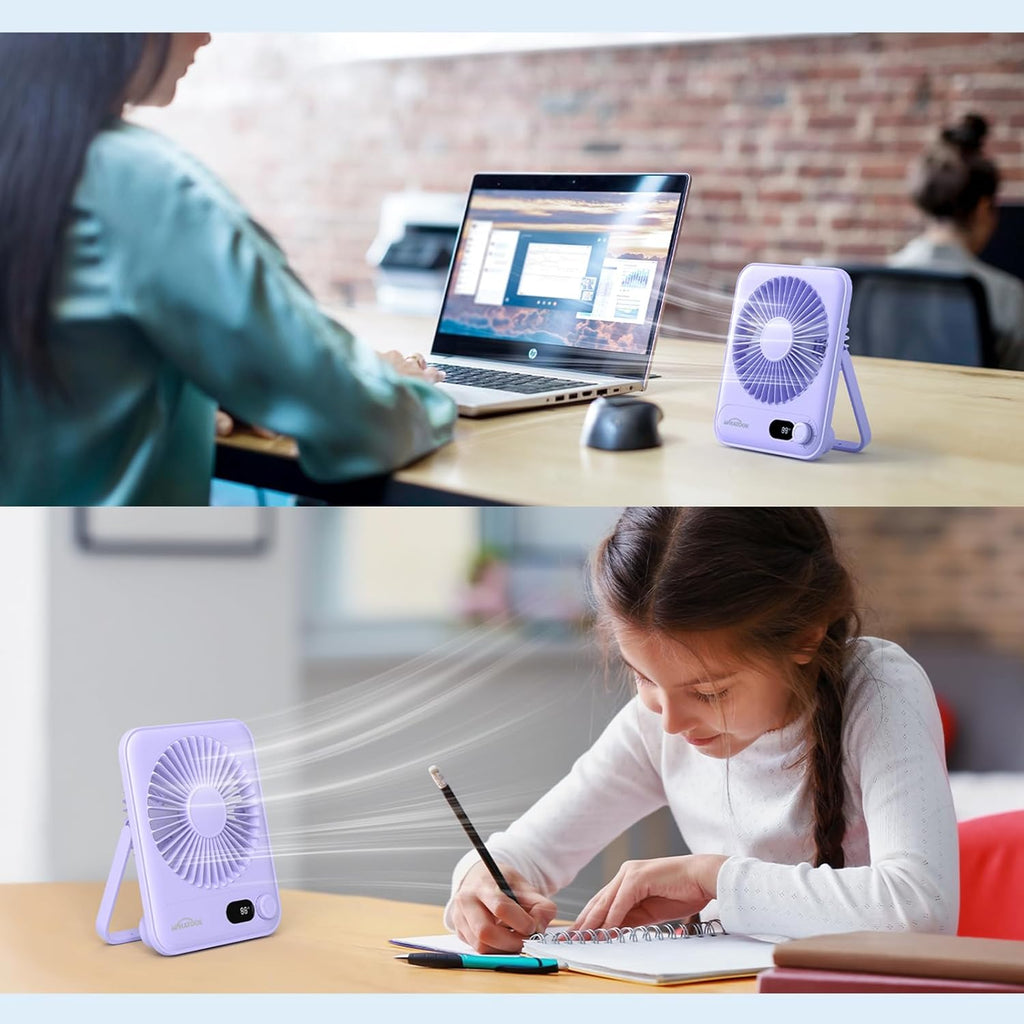 WHATOOK Small Desk Fan Personal Fans: 5000mah 25 Hours Battery Office Quiet Mini Desktop Fan Portable Rechargeable Travel Essentials (Black & Purple, Milliamp Hours, 2000)
