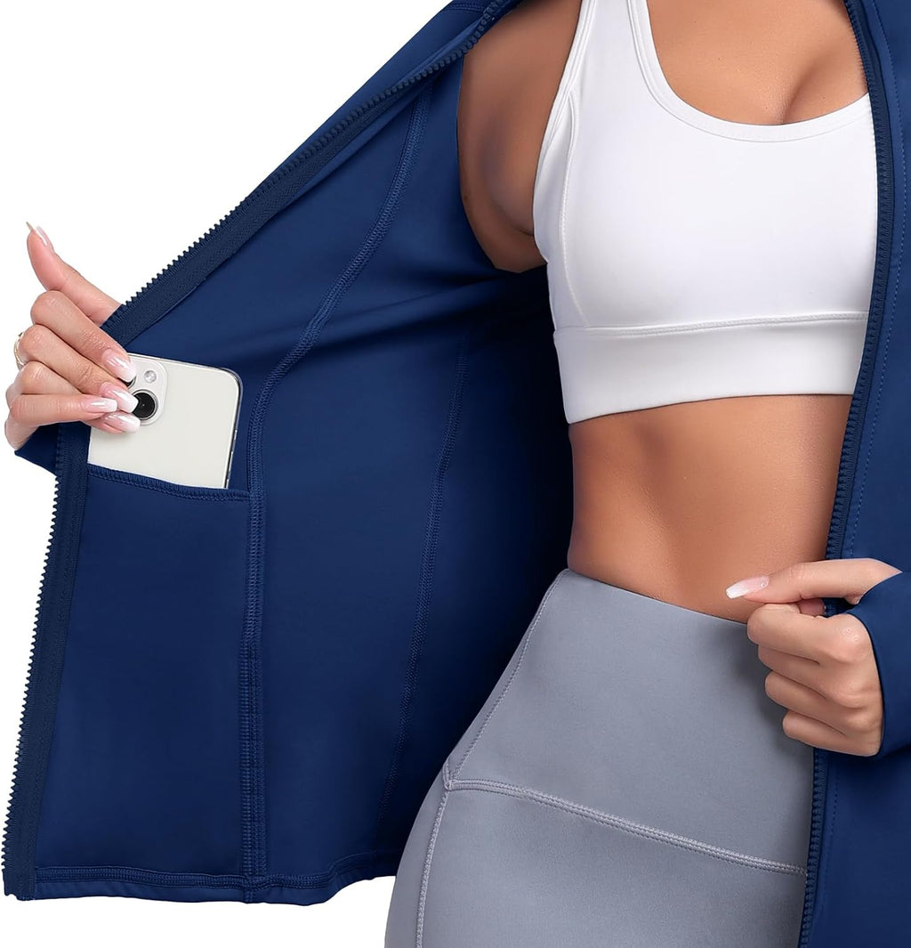 Women's Athletic Full Zip Lightweight Workout Jacket With Pockets Running Slim Fit Yoga Sportwear With Thumb Holes