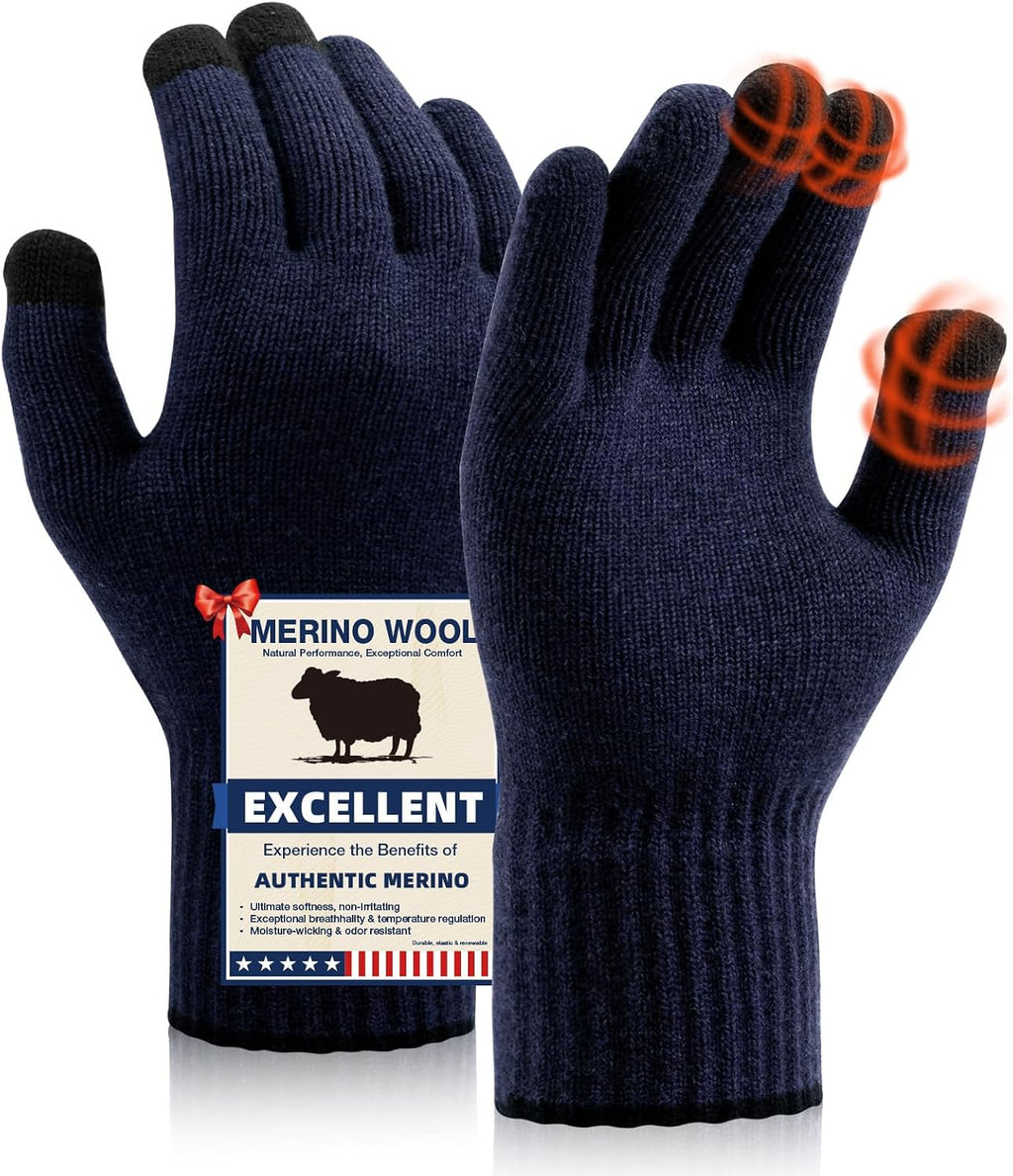 Merino Wool Gloves for Men Women, Touch Screen Warm Glove Liners Thermal Soft Knit Lining for Winter Running Hiking