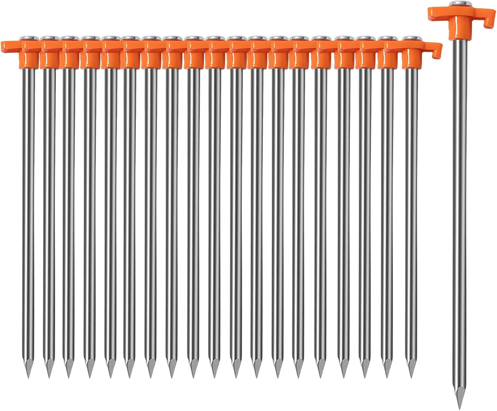 Cheardia 20 Pack Tent Stakes Heavy Duty, 9.75 Inch Yard Stakes Non-Rust Metal Tent Pegs Ground Stakes Tent Spikes for Camping Patio, Garden, Canopies, Grassland, Outdoor, Orange