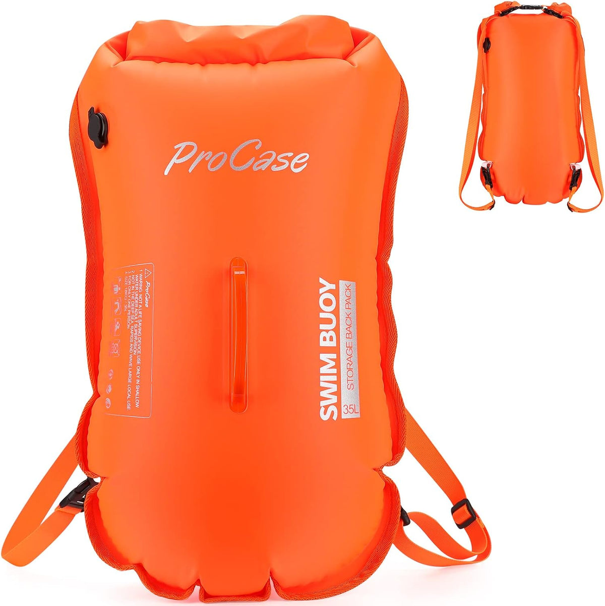 ProCase 35L Swim Buoy Dry Bag, Floating Waterproof Backpack with Shoulder Waist Strap for Open Water Swimming Paddling Boating Kayaking Rafting Hiking Camping Fishing Beach -Orange