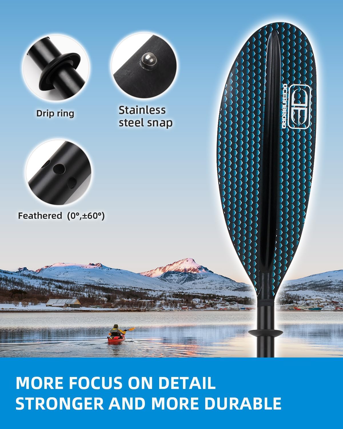 OCEANBROAD Kayak Paddle 86in/218cm, 90.5in/230cm, 95in/241cm Alloy Shaft Kayaking Boating Canoeing Oar with Paddle Leash