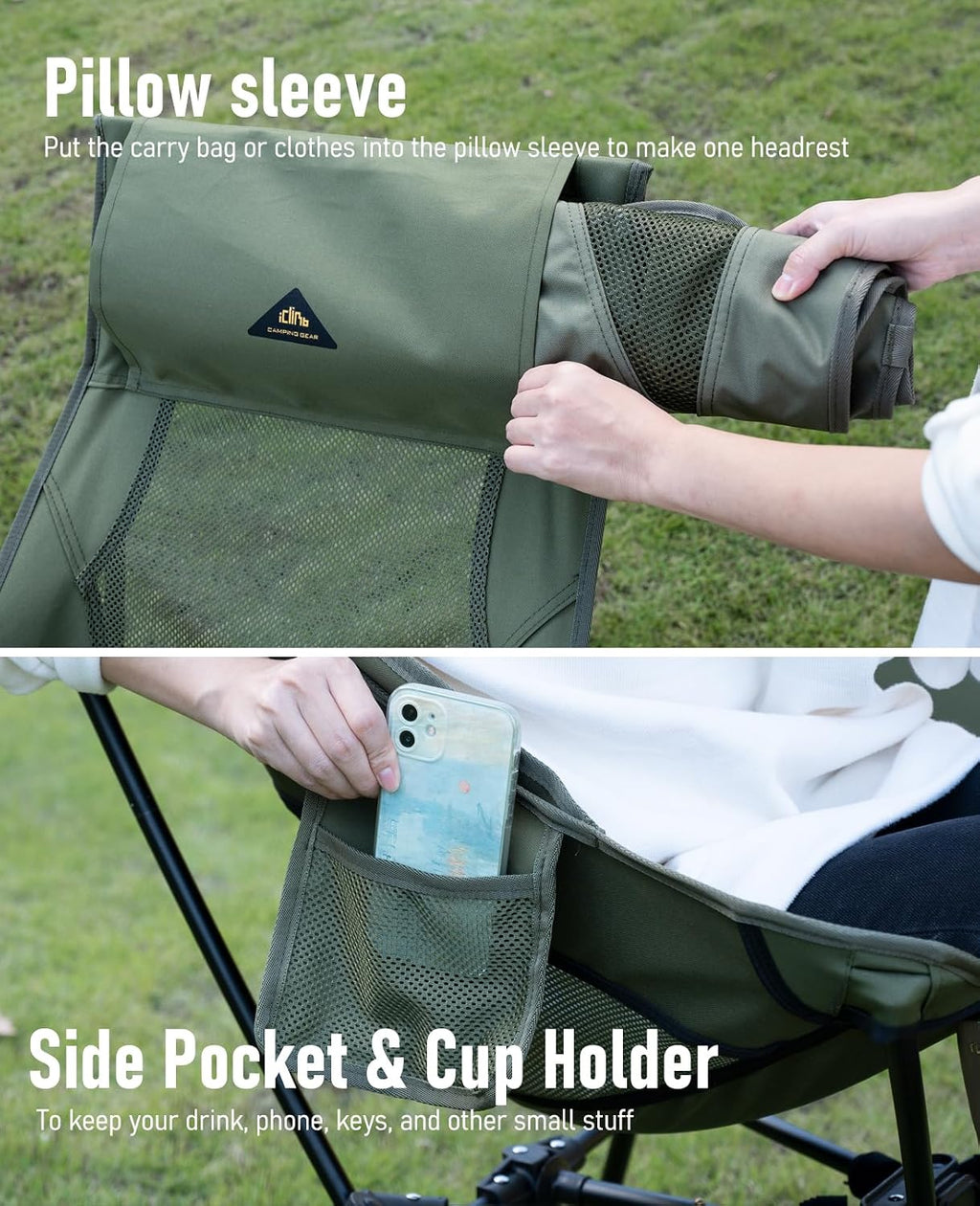 iClimb Ultralight Compact Folding Anti-Sinking Chair, High Back, Green