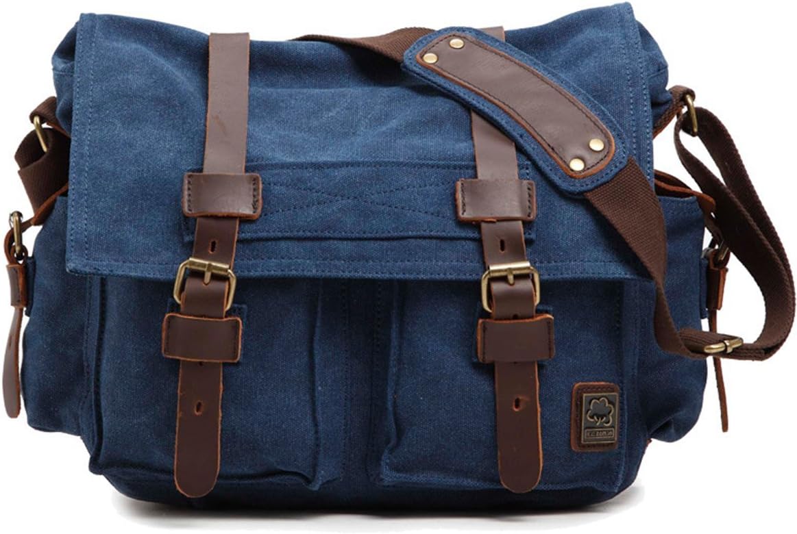 Sechunk Vintage Military Leather Canvas Laptop Bag Messenger Bags Medium