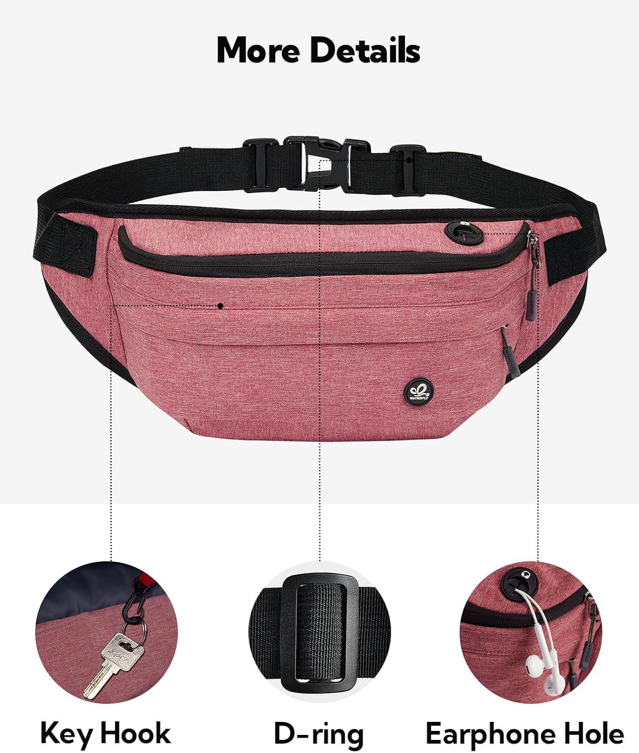 WATERFLY Fanny Pack for Men Women Water Resistant Large Hiking Waist Bag Pack for Running Walking Traveling (Light Red),16.5 x 4.3 x 6 inches,ONJ05