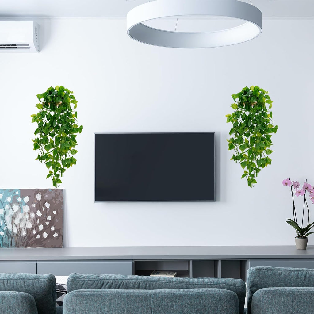 BLEUM CADE Fake Hanging Plants, 2pcs Artificial Pothos Vines Faux Plants Greenery for Wall Home Living Room Office Indoor Outdoor Decor (No Baskets)