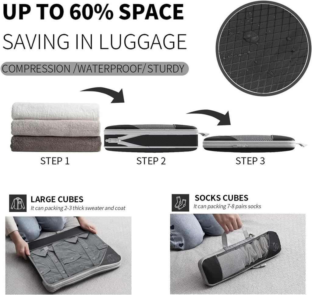 9-Set Packing Cubes with Hanging Bag | 9-Size Combination, Mesh Fabric & Reflective Stripe | Travel Luggage Organizers (Black)