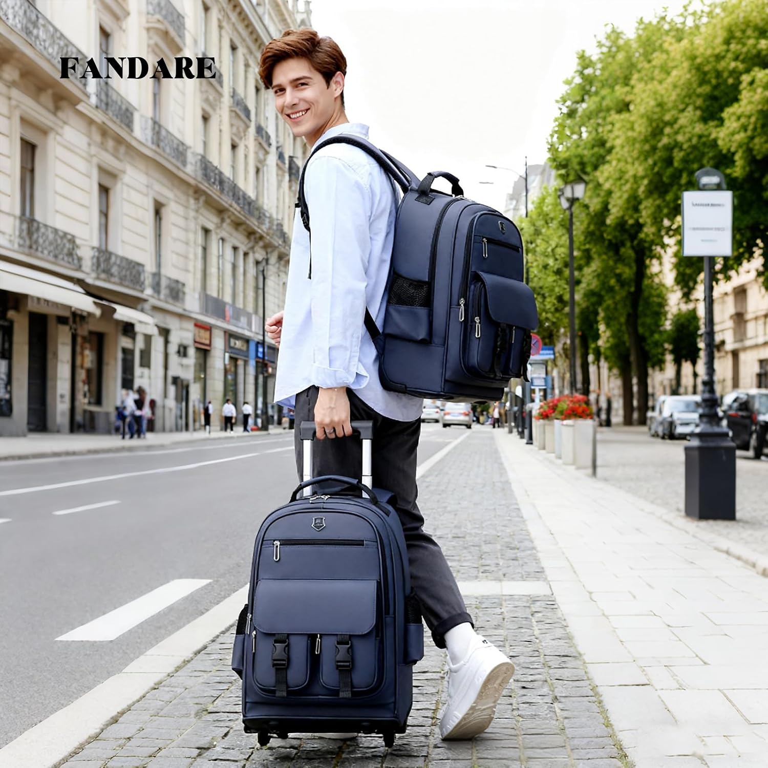 FANDARE Rolling Laptop Backpack Convertible Luggage Backpack with Wheels Travel Daypacks Multi-Functional Carry-On for Business Trip Men Lifestyle Outdoor Urban Waterproof PU Film Backpacks Blue