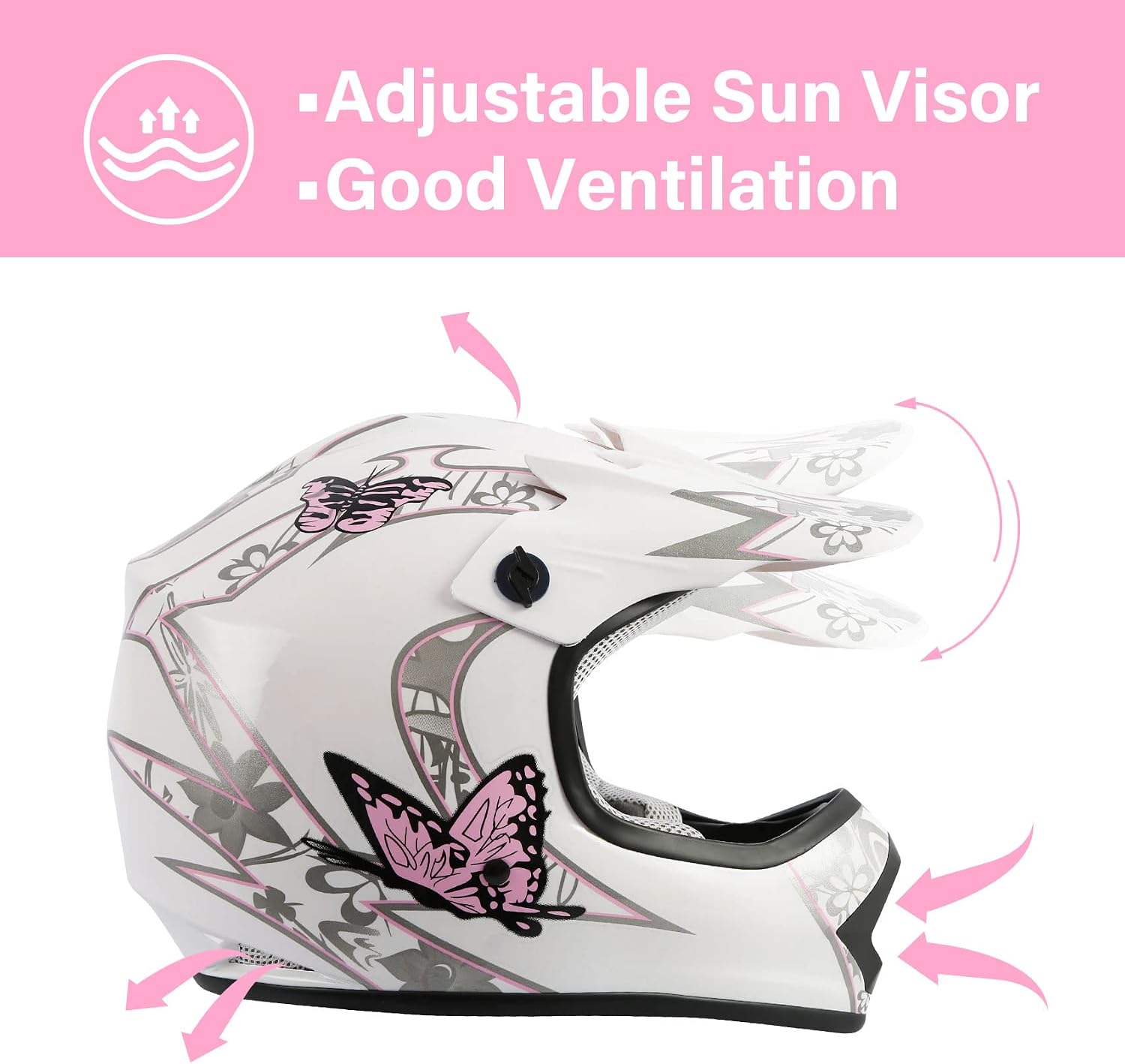 SLMOTO Dot Youth Kids Helmet Motocross Offroad Street Helmet Motorcycle Helmet Dirt Bike Motocross ATV Pink Butterfly Design Helmet+Goggles+Gloves