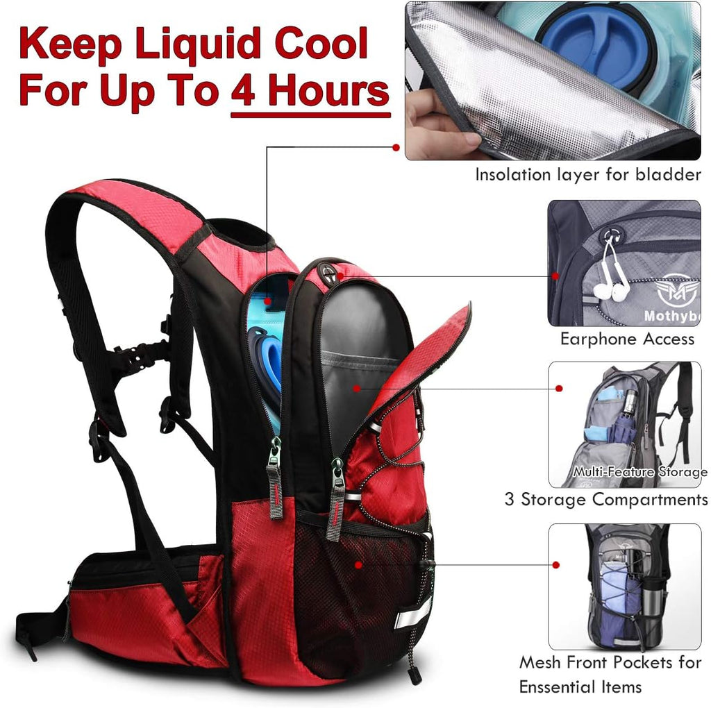 Mothybot Insulated Hydration Backpack Pack with 3L BPA Free Leak Proof Water Bladder, Large Storage Lightweight Hiking Daypack with Waist Pouches & Cooler Layer, for Running, Biking, Camping, Festival