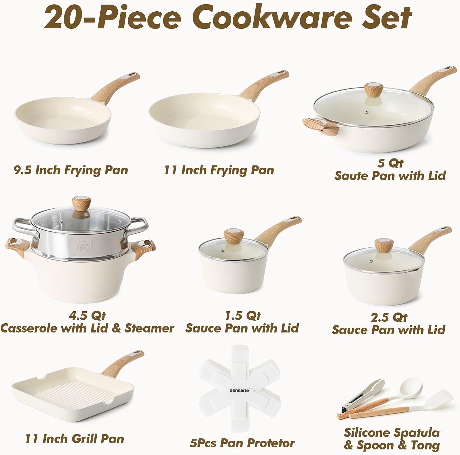 SENSARTE Ceramic Cookware Sets, Pots and Pans Set Nonstick, 20-Piece Induction Cookware, Non-toxic Healthy Non Stick Kitchen Cooking Set with Stay-Cool Handles, PFAS PTFE PFOA PFOS Free