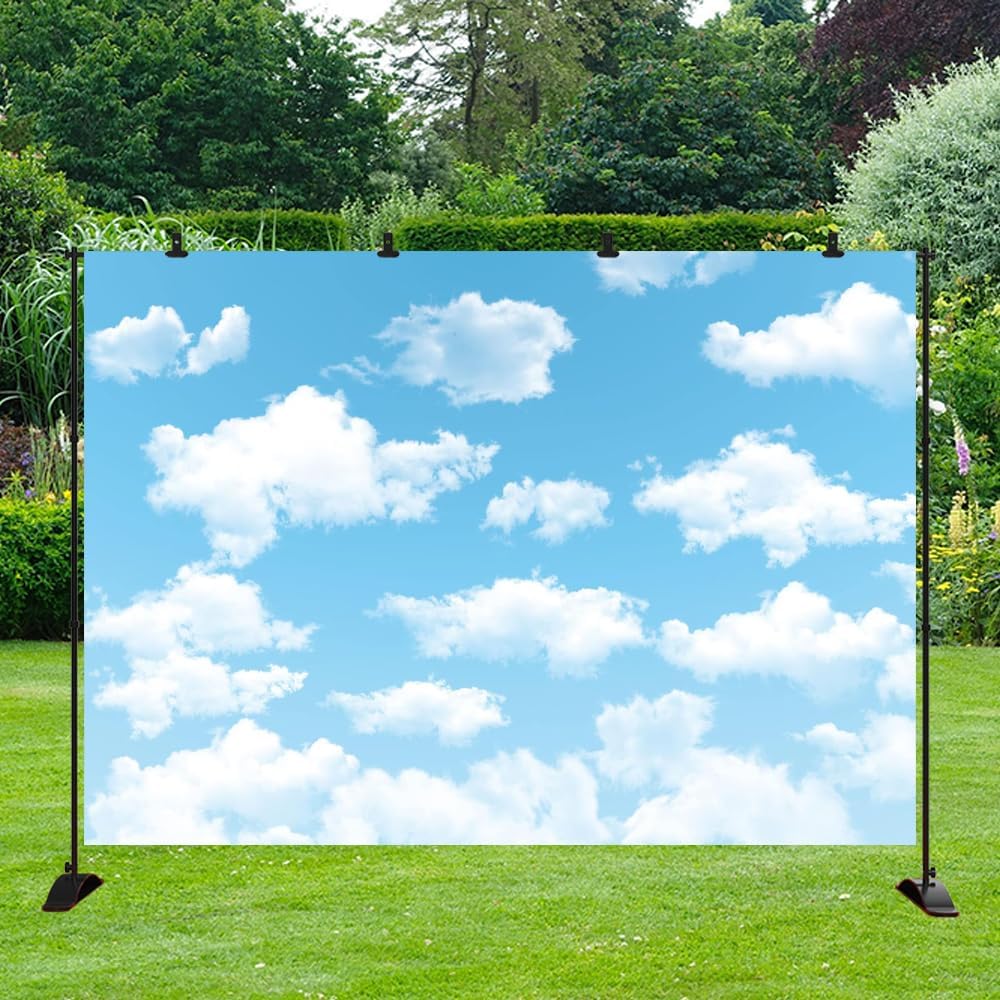 10X7FT Fabric Blue Sky White Cloud Backdrop Birthday Party Background Ideal for Newborn Spring Kids Children Aviator Baby Shower World Travel Photography Baby Shower Banner Decoration