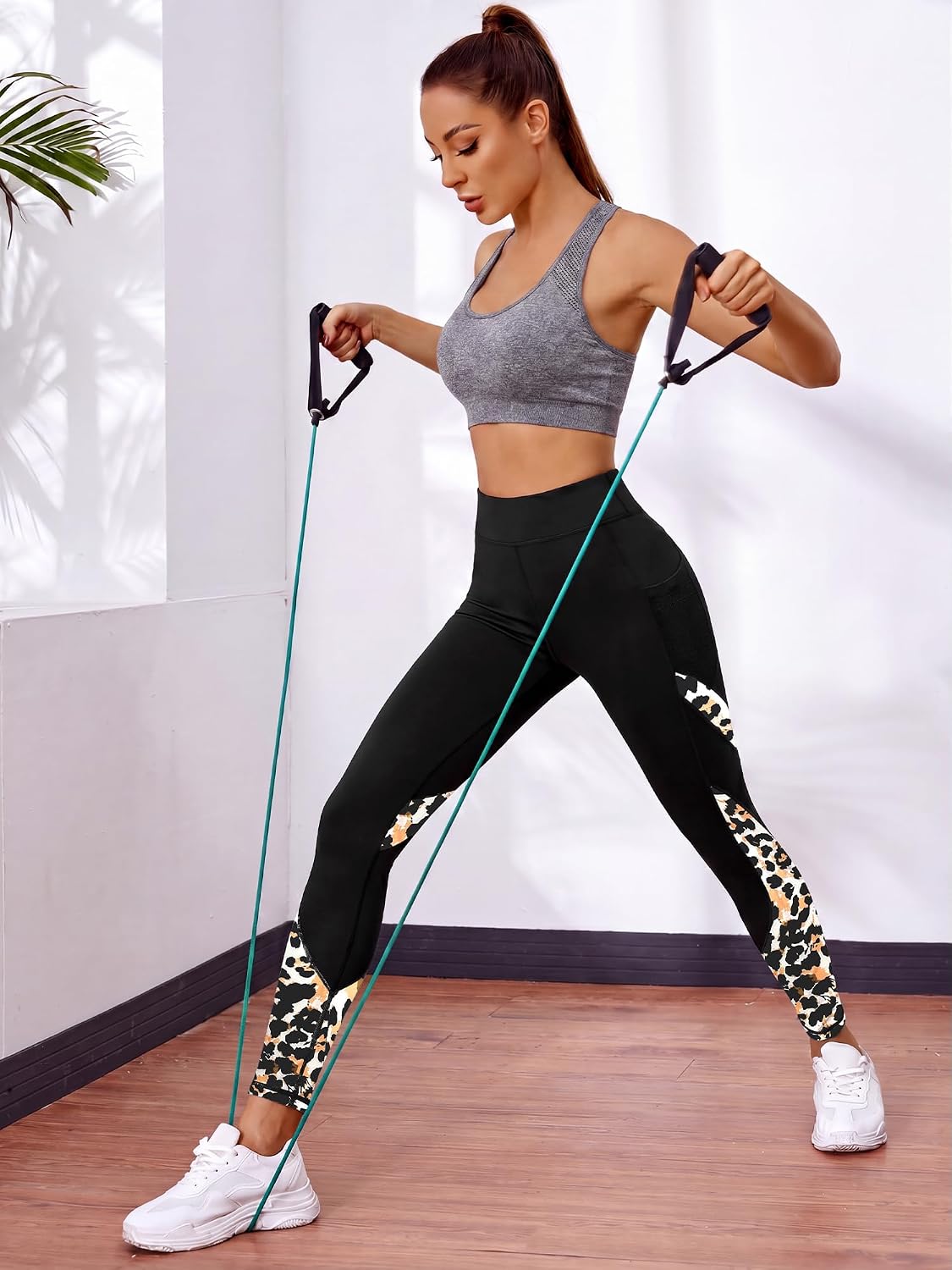 Women's High Waisted Yoga Leggings - Leopard Block Print Phone Pockets Tummy Control Workout Casual Pants