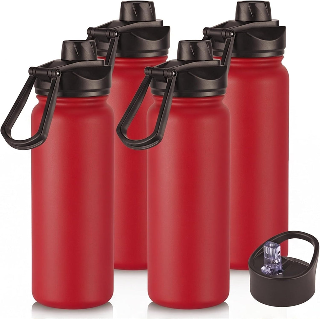 24oz Insulated Water Bottle with Straw Lid, Stainless Steel Metal Water Bottle with Straw & Wide Mouth Lid, Double Wall Vacuum Water Bottle for Hiking Camping, Red 4 Pack