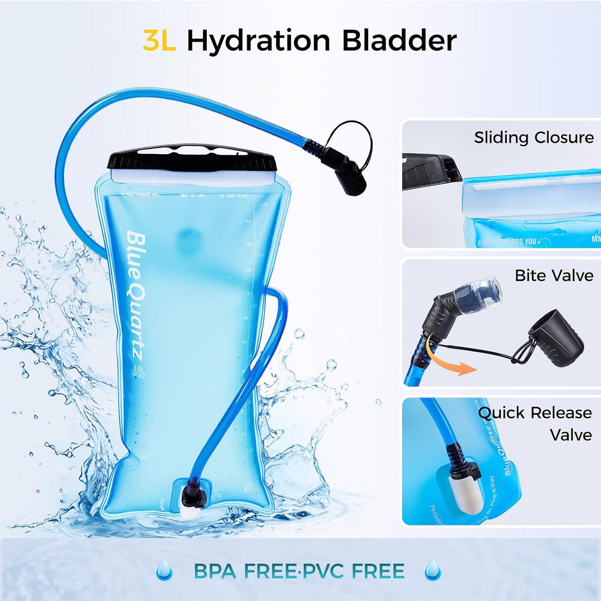 Blue Quartz Hydration Backpack with 3L Water Bladder, Lightweight Hiking Backpack with Phone Pocket, Tactical Molle Water Backpack for Running, Biking, Climbing, Hydro Pack for Men Women