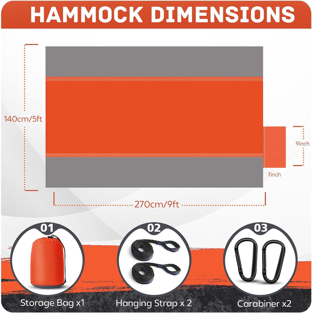 Camping Hammock Lightweight, Portable Hammocks Parachute Hammock with Two Tree Straps, Single or Double Travel Swing Nylon Camp Hammocks, Outdoor Essentials for Beach Backpacking Hiking, Orange