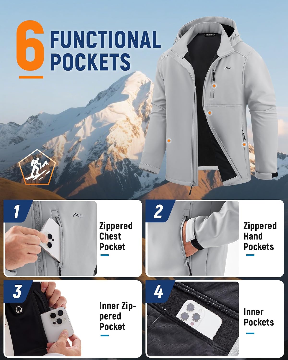 WULFUL Men's Softshell Jacket Waterproof Lightweight Insulated Windbreaker Fleece Lined Rain Shell Jacket for Hiking Travel