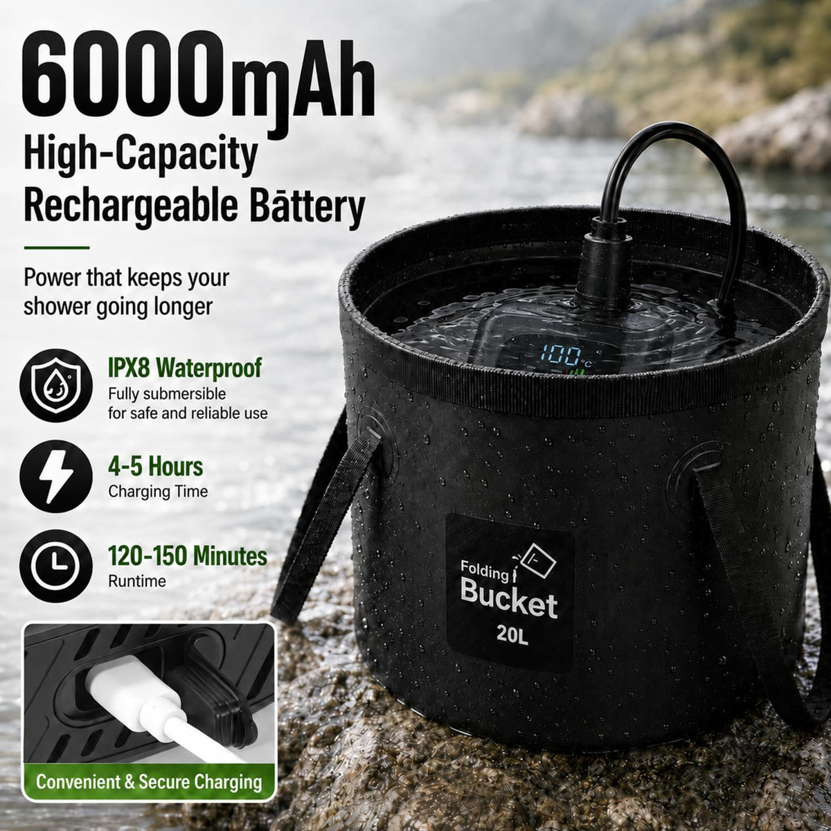Portable Shower for Camping, Rechargeable Camping Shower, Long Running Time